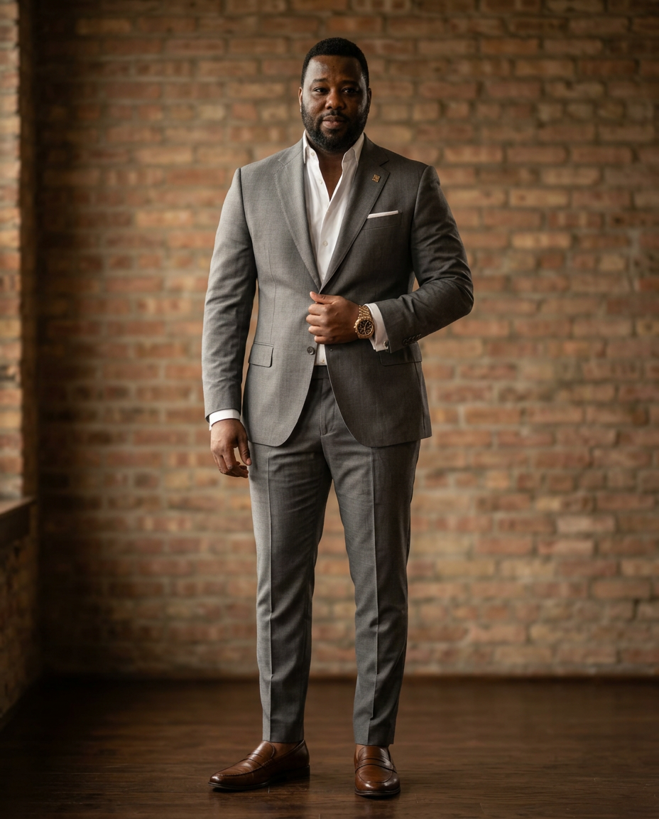 Marcus Gibbs, founder of Marcus Gibbs and Associates, in a tailored black suit against a Bronzeville brick wall